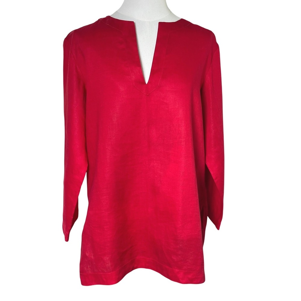 Relaxed Linen Tunic Top Red Split Neck‎ Long Sleeve Chaps Women M